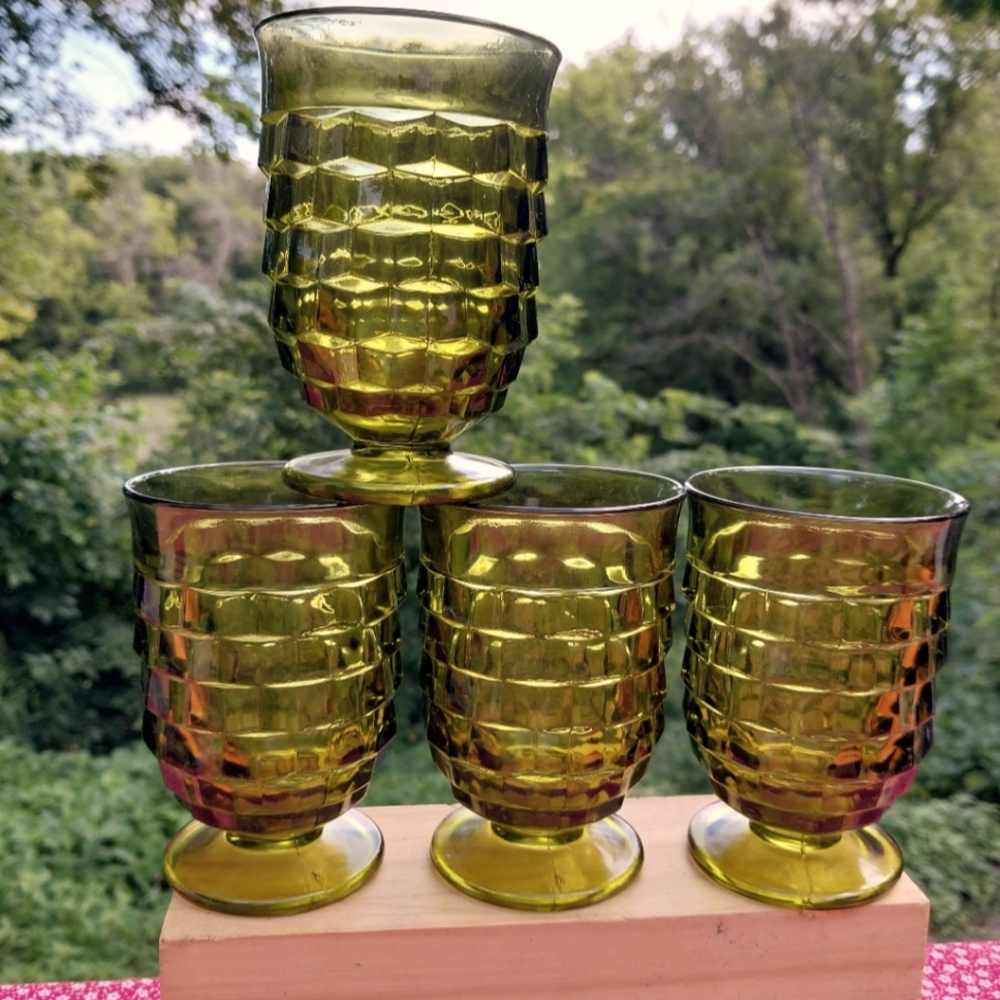 VTG Indiana Glass Whitehall Cubist Green Footed Juice Glass 3¾ In Tall Lot Of 4